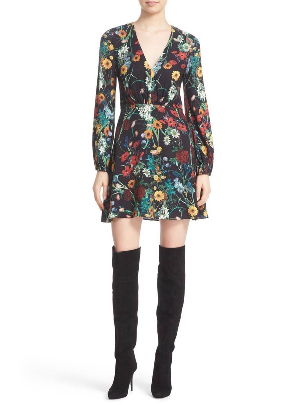 Alice + Olivia Cary Print V-Neck Blouson Fit & Flare Dress Black Floral
